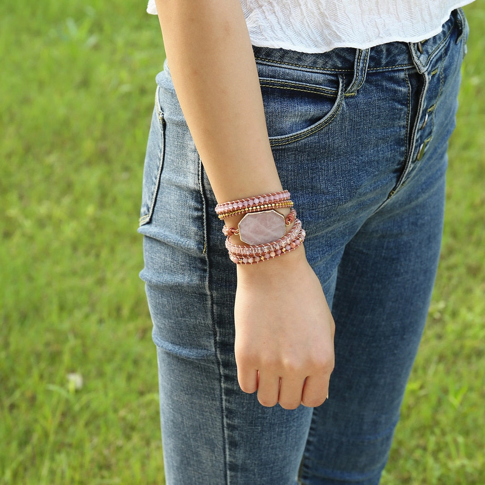 5 Layered Facet Rose Quartz Leather Bracelet