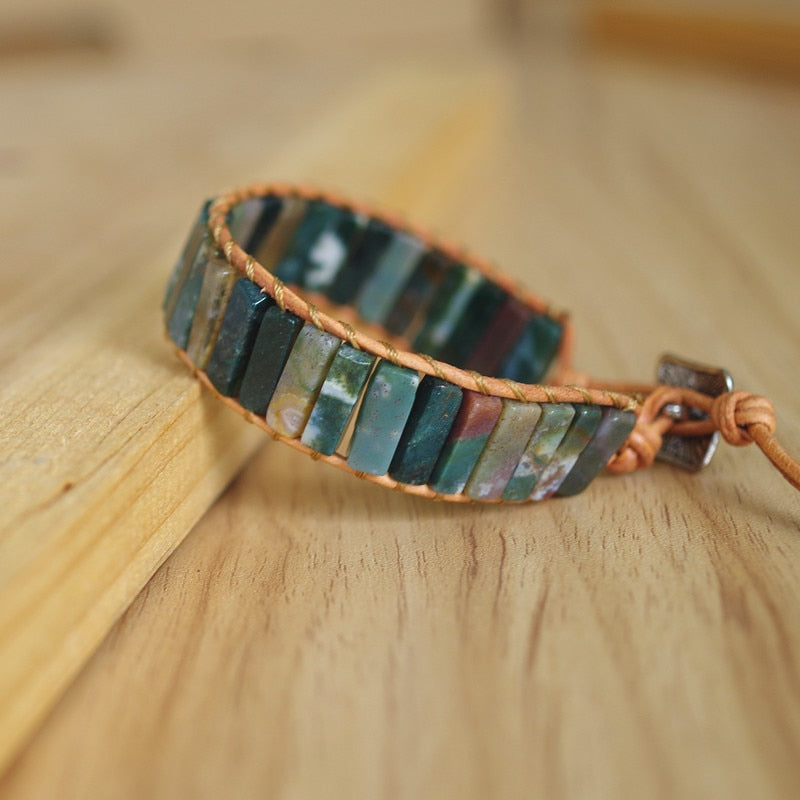 Hand Woven Ocean Jasper & Leather Rectangle Bracelet