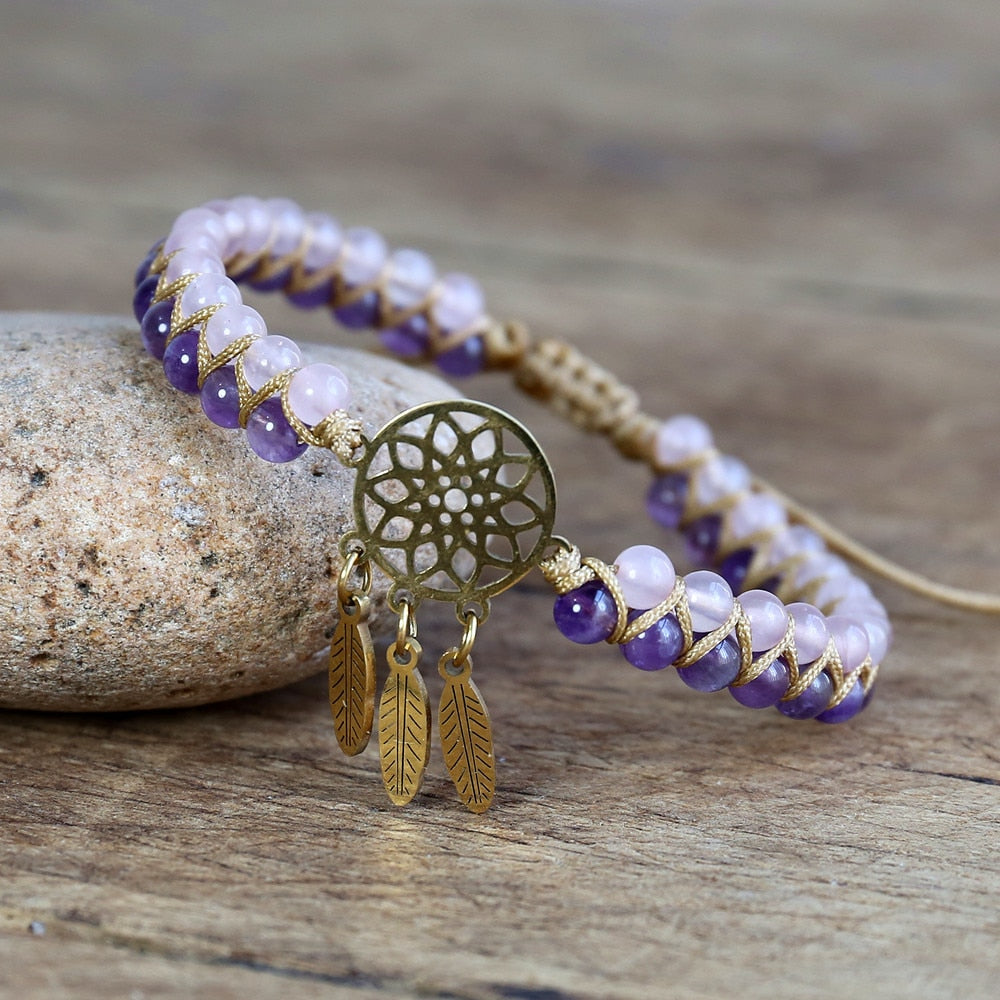 Hand Woven Rose Quartz Amethyst Dream Catch Bracelet