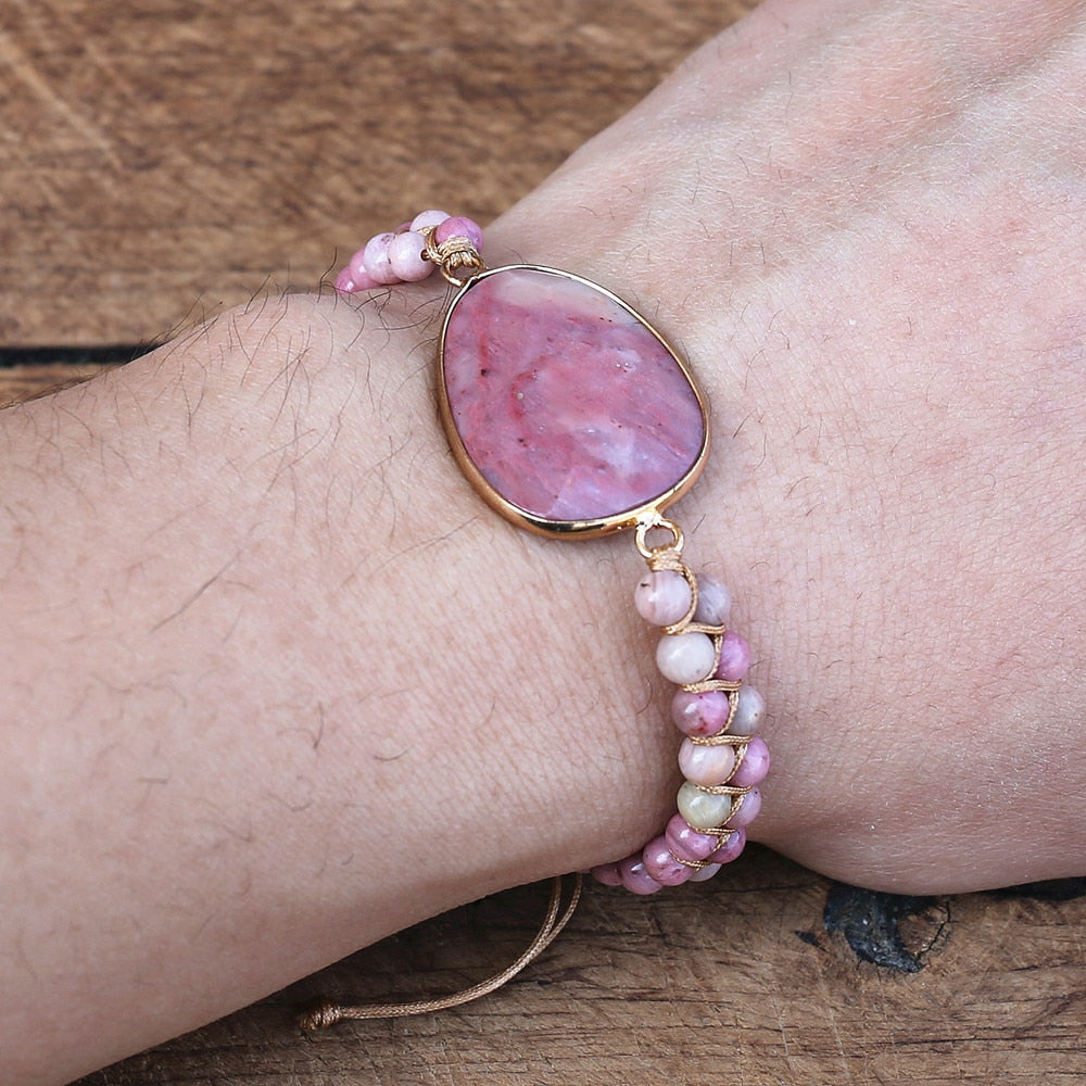 Hand Woven Rhodonite or Caribbean Calcite Facet Charm Bracelet