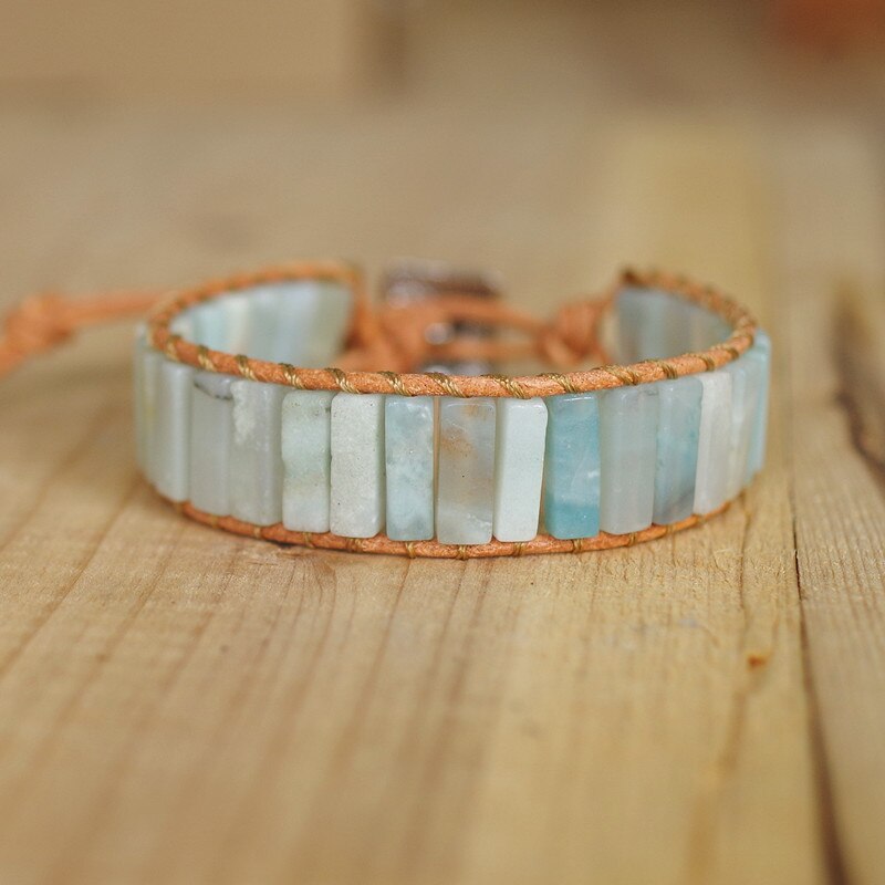 Hand Woven Caribbean Calcite & Leather Rectangle Bracelet