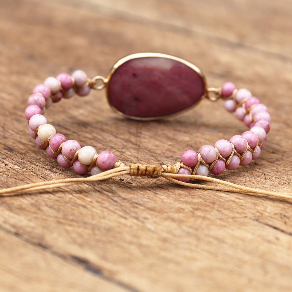 Hand Woven Rhodonite or Caribbean Calcite Facet Charm Bracelet