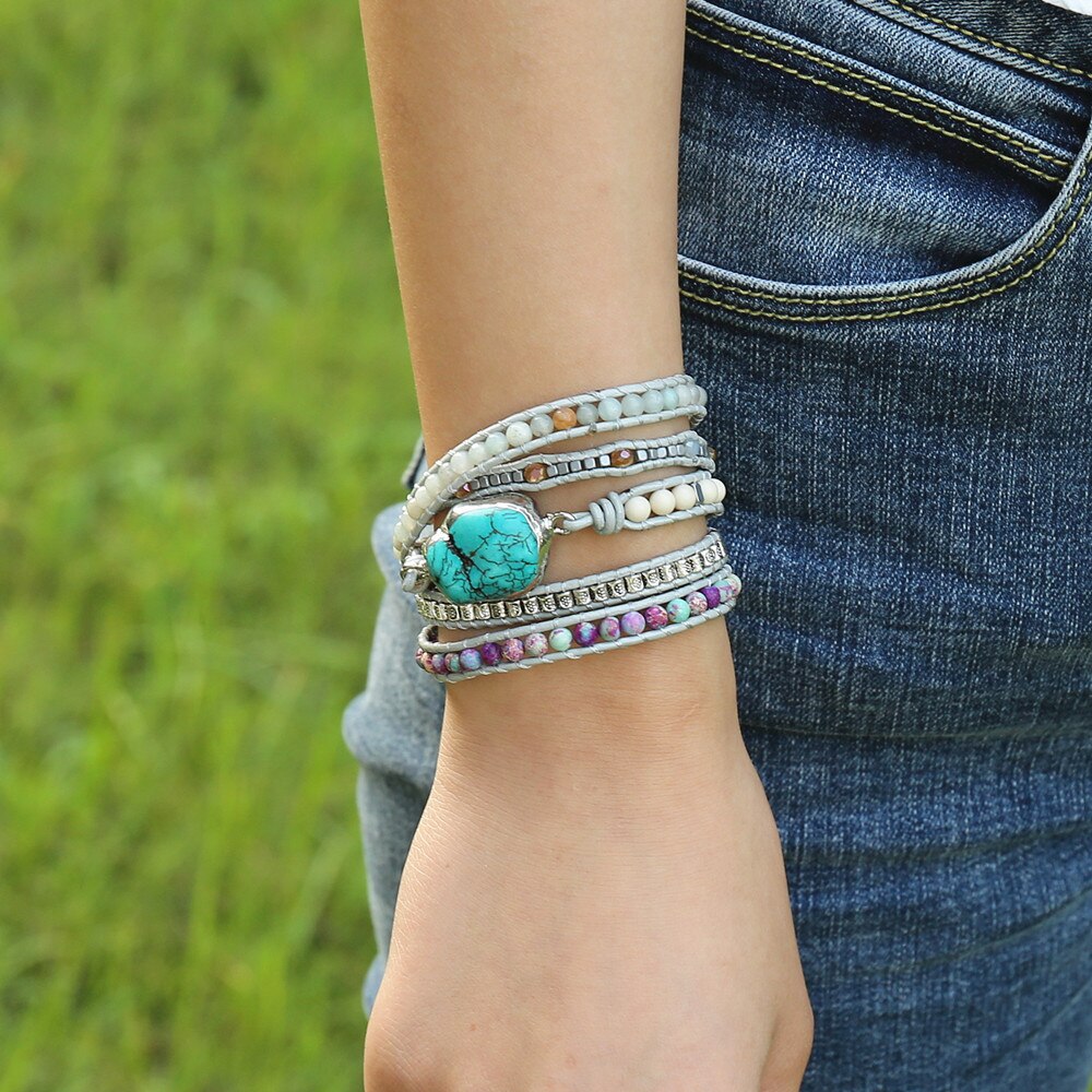 5 Strand Leather Layered Dyed Howlite Bracelet