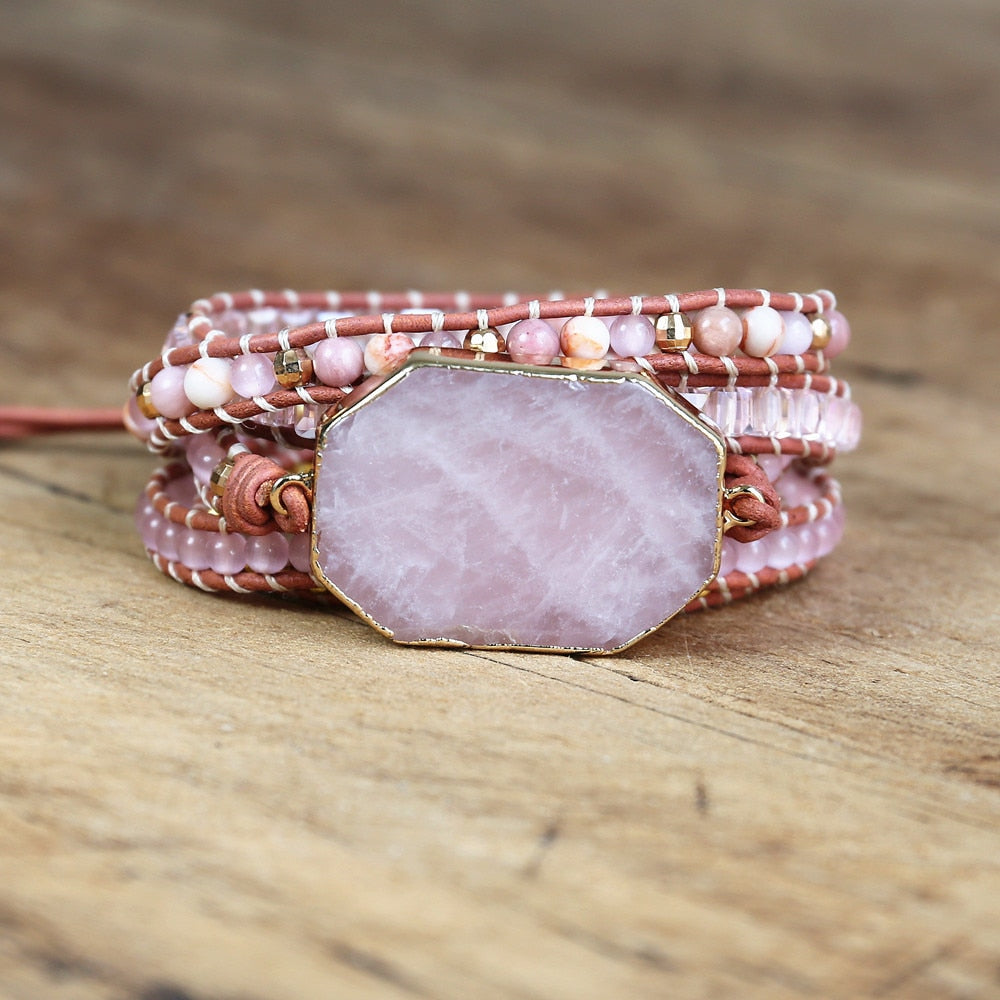 5 Layered Facet Rose Quartz Leather Bracelet