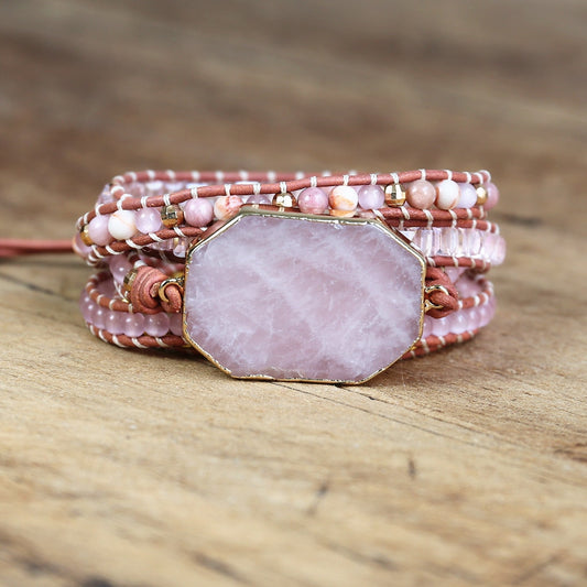 5 Layered Facet Rose Quartz Leather Bracelet