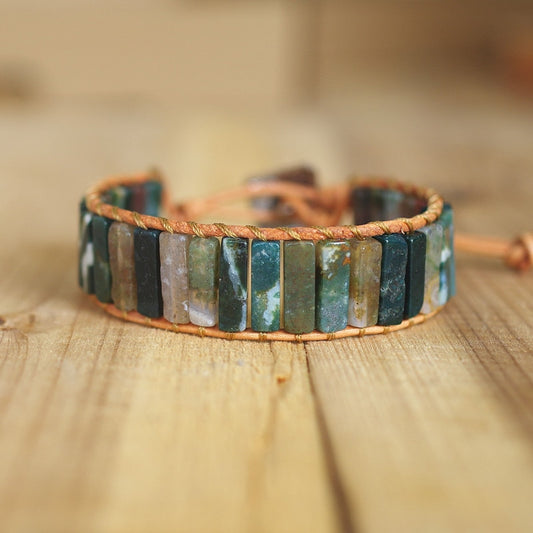 Hand Woven Ocean Jasper & Leather Rectangle Bracelet