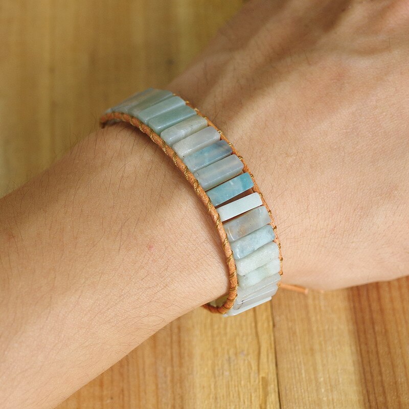 Hand Woven Caribbean Calcite & Leather Rectangle Bracelet