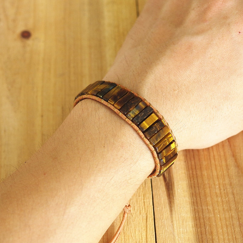 Hand Woven Tigers Eyes & Leather Rectangle Bracelet