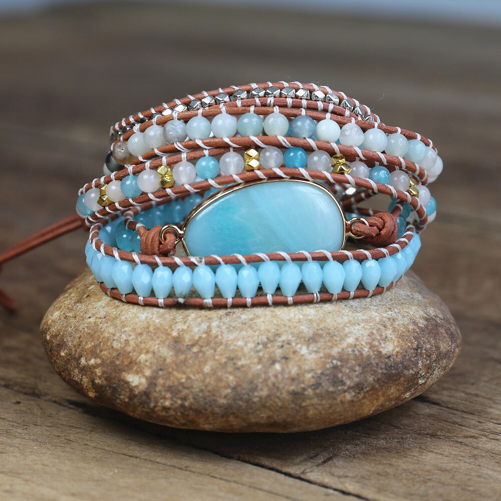 5 Strand Leather Caribbean Calcite Bracelet