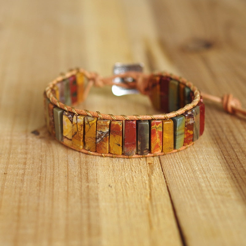 Hand Woven Mookaite/Picasso Jasper Mix & Leather Rectangle Bracelet