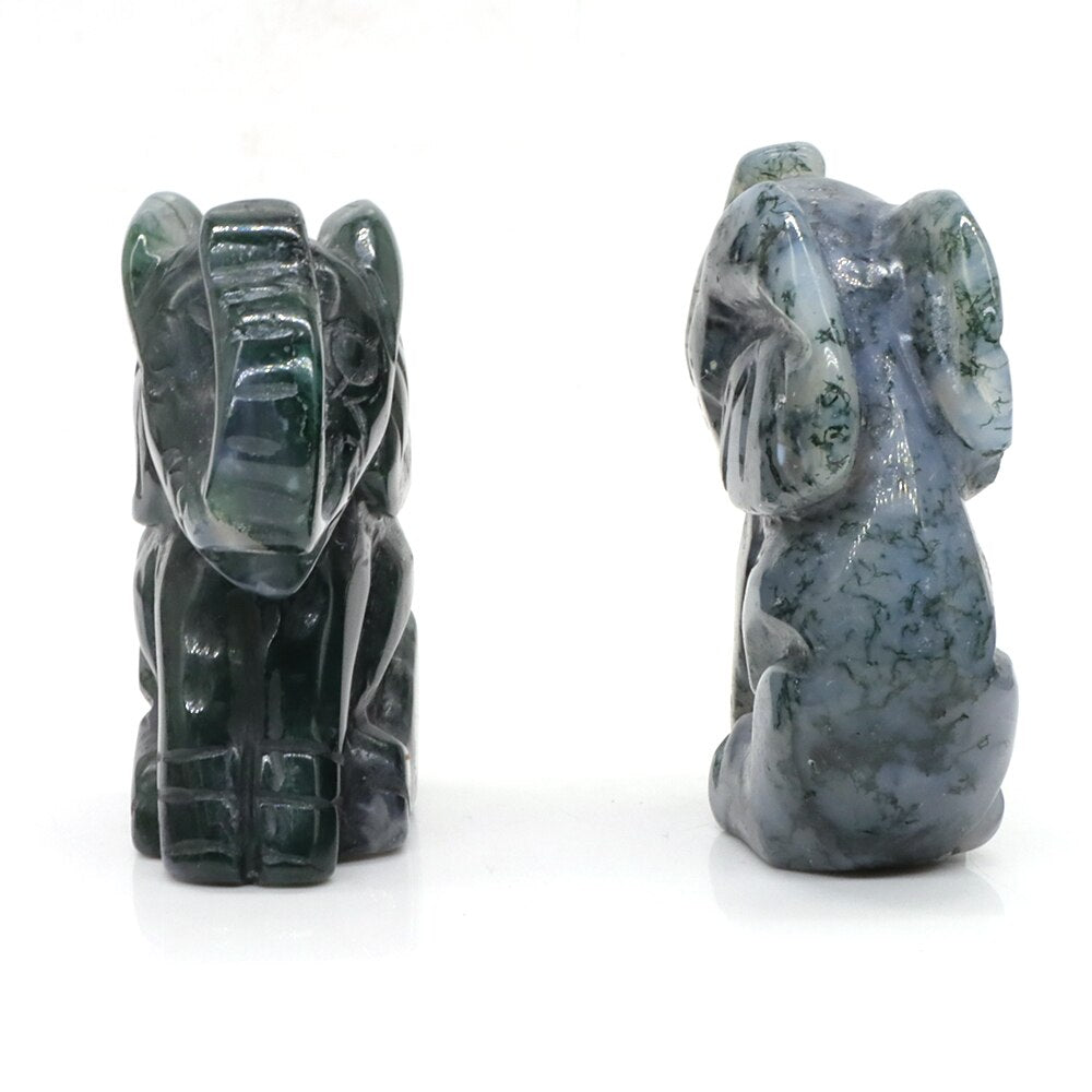 Hand Carved Moss Agate Zen Elephant