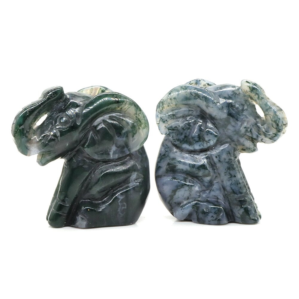 Hand Carved Moss Agate Zen Elephant