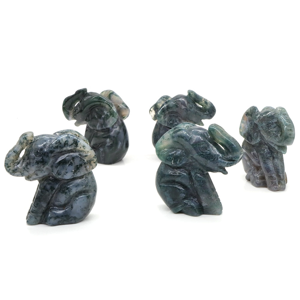 Hand Carved Moss Agate Zen Elephant