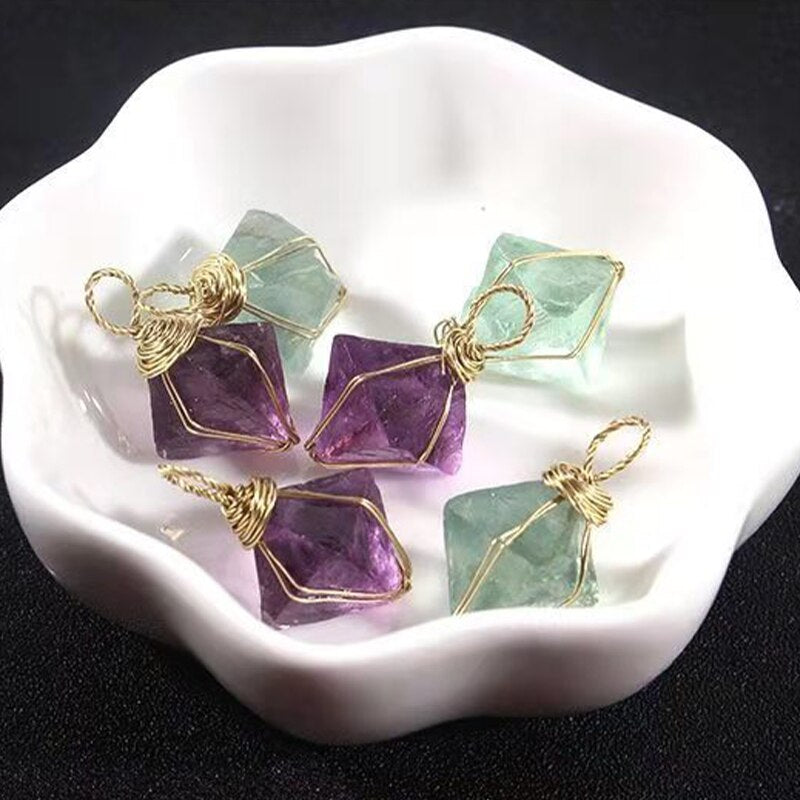 Fluorite Octahedron Wire Wrapped Pendants