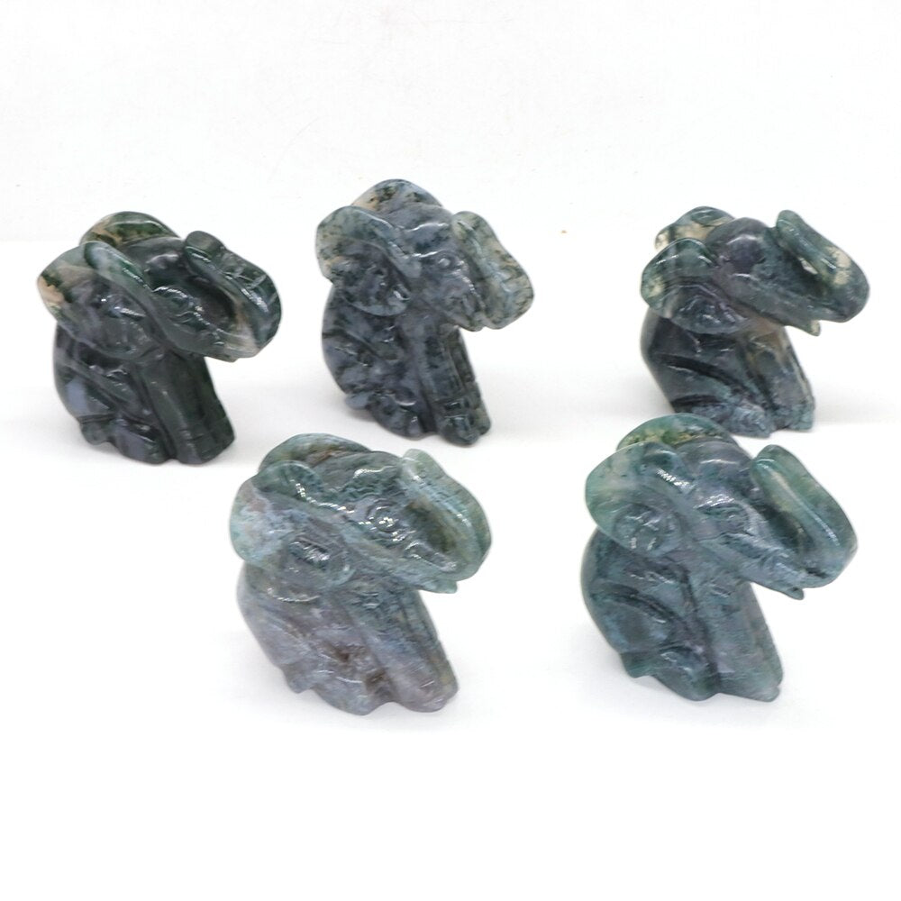 Hand Carved Moss Agate Zen Elephant