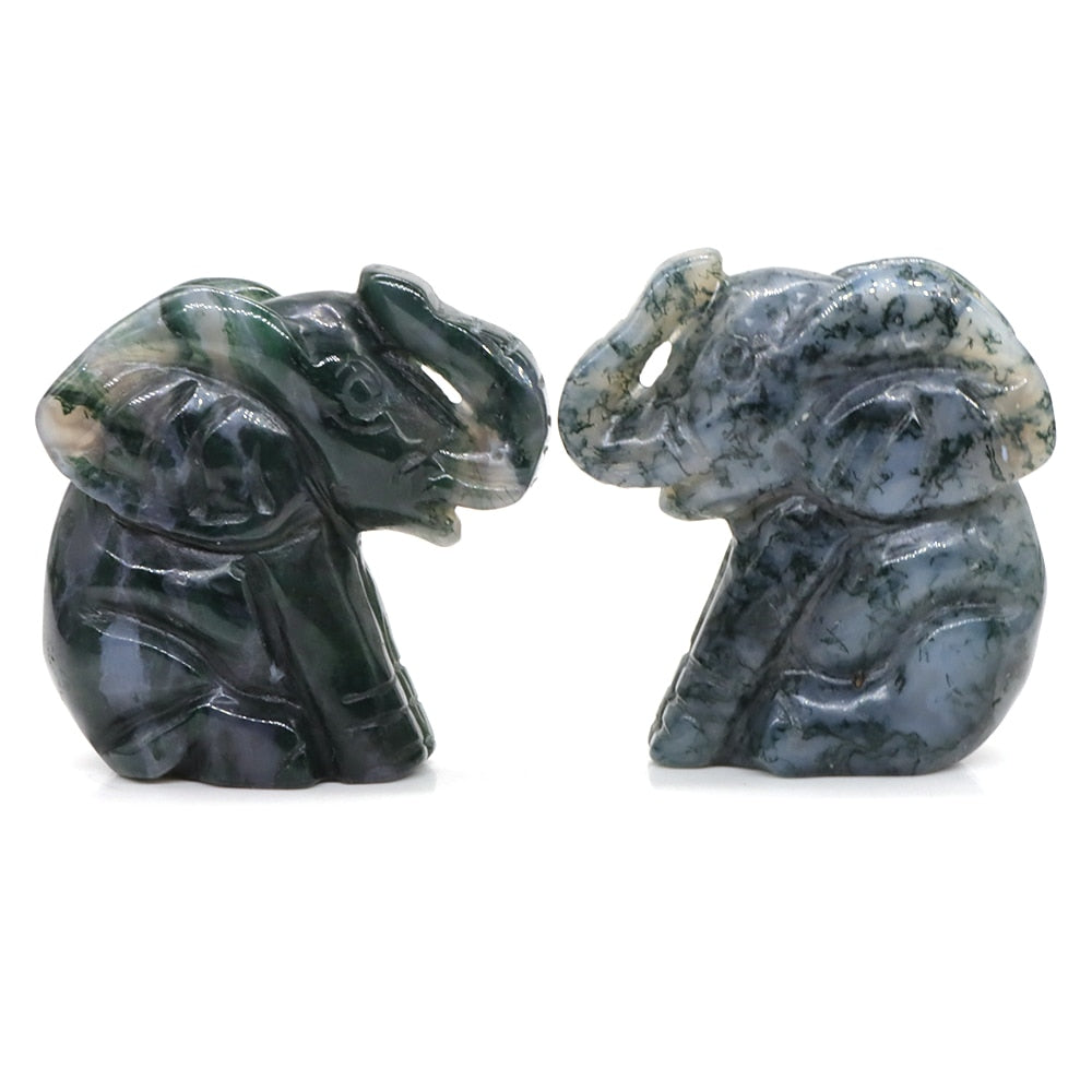 Hand Carved Moss Agate Zen Elephant