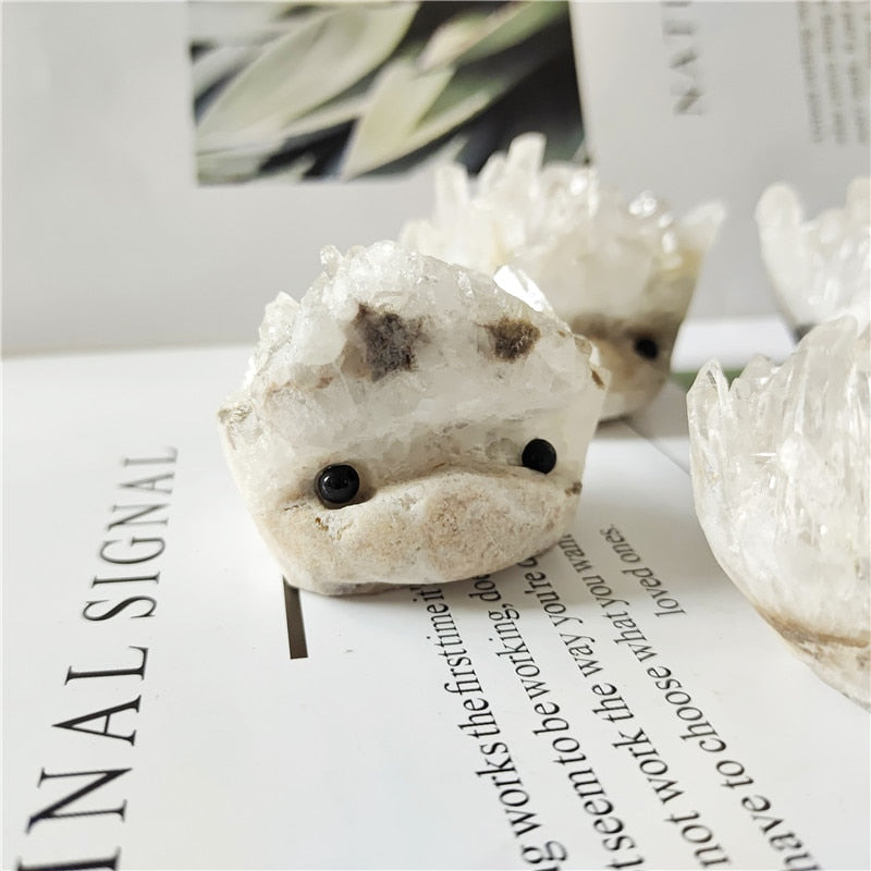 Hand Carved Quartz Cluster Hedgehog with Obsidian Eyes